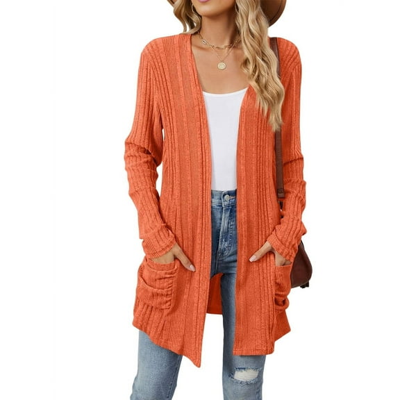 Women'S Long Sleeve Cardigan Solid Color Ribbed Brushed Cardigan Open Front with Pockets Orange L