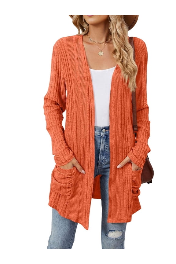 Women'S Long Sleeve Cardigan Solid Color Ribbed Brushed Cardigan Open Front with Pockets Orange L