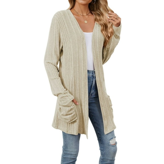 Women'S Long Sleeve Cardigan Solid Color Ribbed Brushed Cardigan Open Front with Pockets  XL