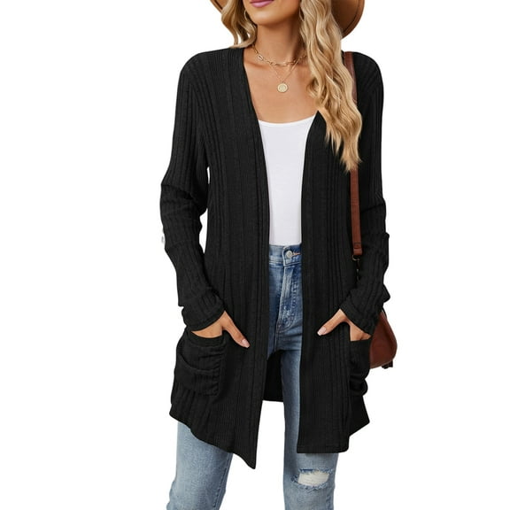 Women'S Long Sleeve Cardigan Solid Color Ribbed Brushed Cardigan Open Front with Pockets
