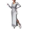 thumbnail image 1 of Women'S Long Sleeve Collar V Neck Maxi Dress Slit Thigh Ribbed Knit Bodycon Dresses Grey M, 1 of 9