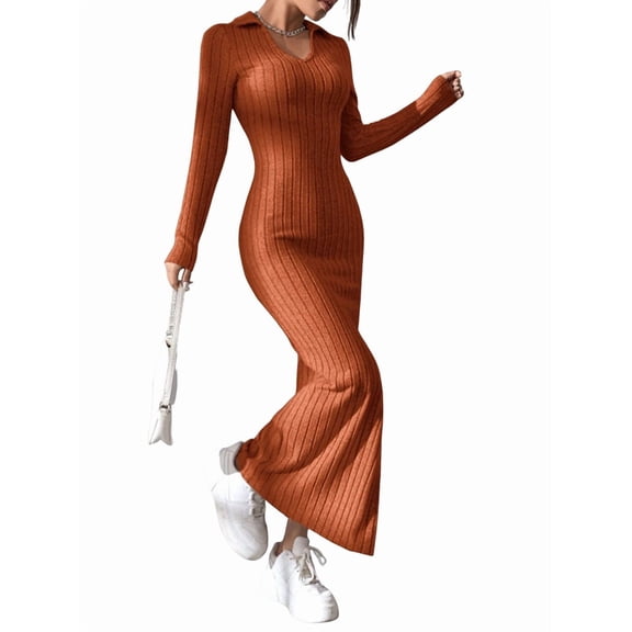 Women'S Long Sleeve Collar V Neck Maxi Dress Slit Thigh Ribbed Knit Bodycon Dresses Reddish Brown L