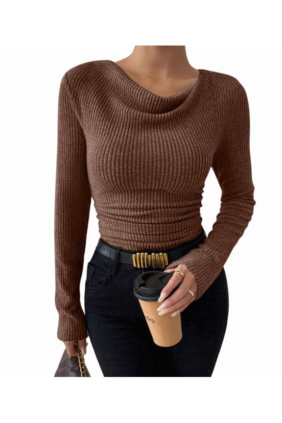 Women'S Long Sleeve Cowl Neck Ribbed Knit Fall Shirts Slim Fit Ruched Going Out Crop Tops Basic T-Shirts Brown XL