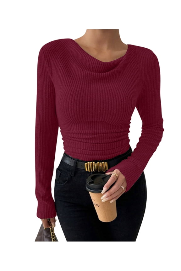 Women'S Long Sleeve Cowl Neck Ribbed Knit Fall Shirts Slim Fit Ruched Going Out Crop Tops Basic T-Shirts Deep Red XL