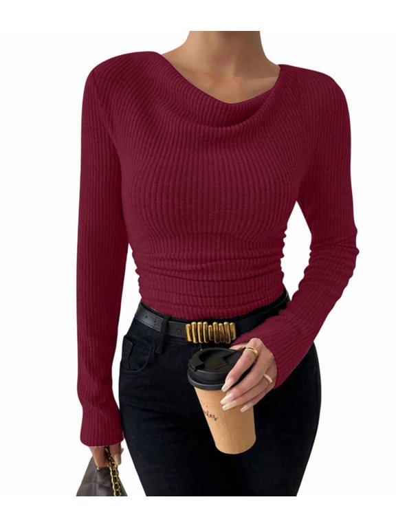 Women'S Long Sleeve Cowl Neck Ribbed Knit Fall Shirts Slim Fit Ruched Going Out Crop Tops Basic T-Shirts Deep Red XXL
