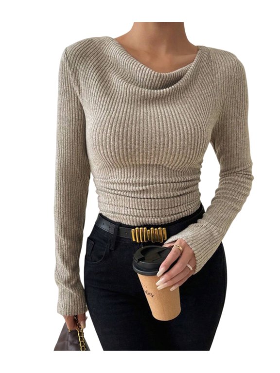 Women'S Long Sleeve Cowl Neck Ribbed Knit Fall Shirts Slim Fit Ruched Going Out Crop Tops Basic T-Shirts Khaki L
