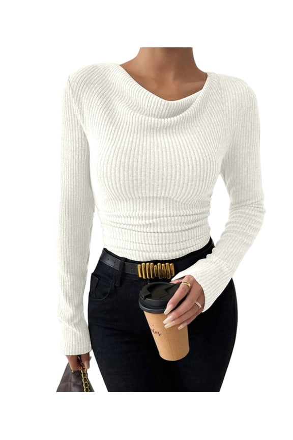 Women'S Long Sleeve Cowl Neck Ribbed Knit Fall Shirts Slim Fit Ruched Going Out Crop Tops Basic T-Shirts White XL