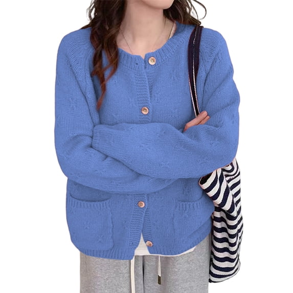 Women'S Long Sleeve Crew Neck Chunky Oversized Button Up Cute Cardigan Fall Trendy Sweaters Clothes Blue One size