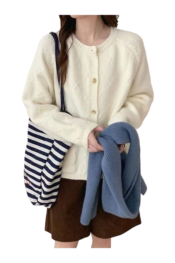 Women'S Long Sleeve Crew Neck Chunky Oversized Button Up Cute Cardigan Fall Trendy Sweaters Clothes Cream White One size