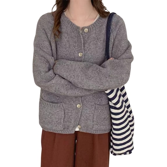 Women'S Long Sleeve Crew Neck Chunky Oversized Button Up Cute Cardigan Fall Trendy Sweaters Clothes Gray One size