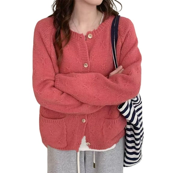 Women'S Long Sleeve Crew Neck Chunky Oversized Button Up Cute Cardigan Fall Trendy Sweaters Clothes Rose Pink One size