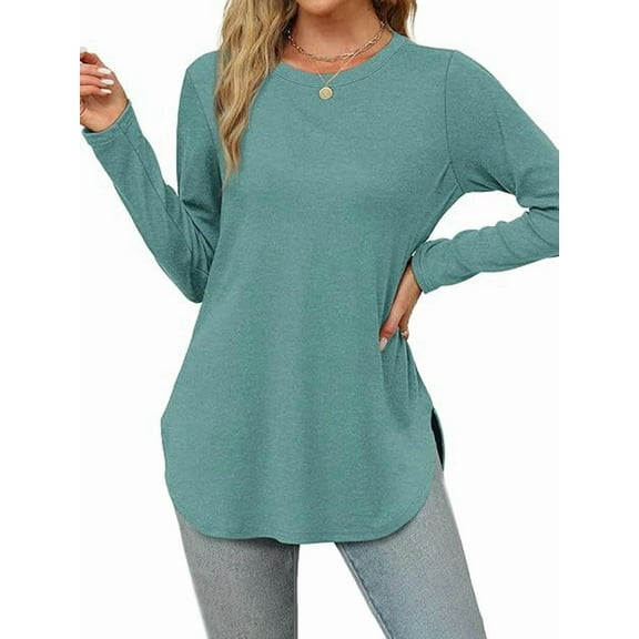 Women'S Long Sleeve Crew Neck Shirt Side Basic Loose Tunic Top Casual Lake Blue L