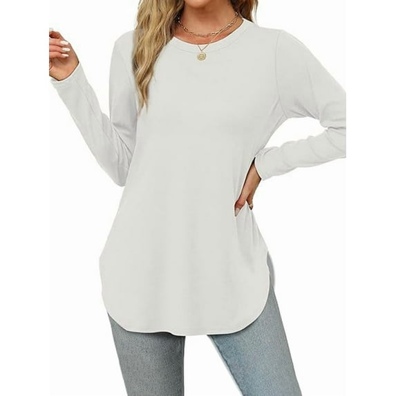 Women'S Long Sleeve Crew Neck Shirt Side Basic Loose Tunic Top Casual Milky XL