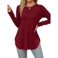 thumbnail image 1 of Women'S Long Sleeve Crew Neck Shirt Side Basic Loose Tunic Top Casual Wine Red S, 1 of 5