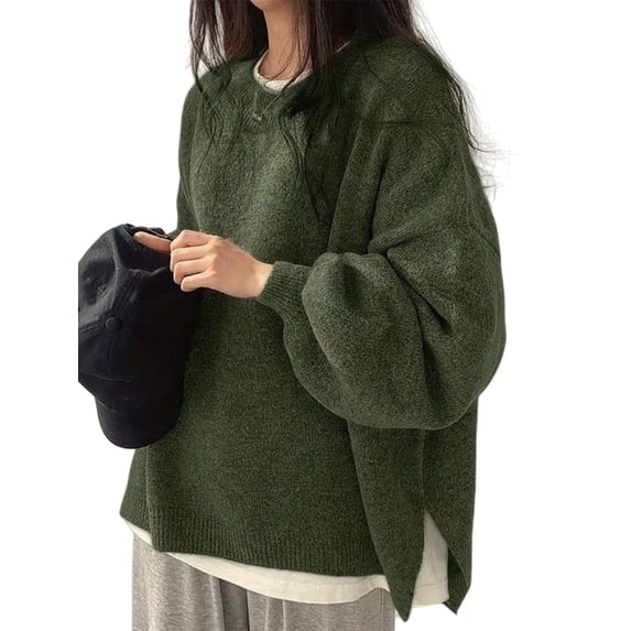 Women'S Long Sleeve Crewneck Jumper with Side Slit, Casual Soft Ribbed Knit Fall Winter Pullover Sweater