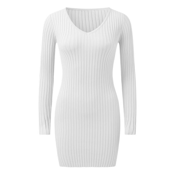 Women'S Long Sleeve Crewneck Slit Tie Waist Slim Fit Sweater Dress Striped Ribbed Knit Bodycon Midi Dress Fall Dresses for Women 2023 White,S