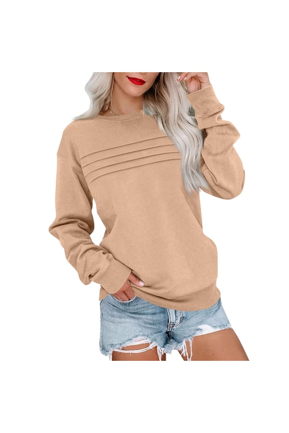 Women'S Long Sleeve Crewneck Sweatshirt, Casual Relaxed Fit Pullover With Ribbed Chest Detail, Soft Solid Color Top For Everyday Wear & Gifts Her Wrm Comfy Hoodie Shirts (XXL, Khaki) ZMTing