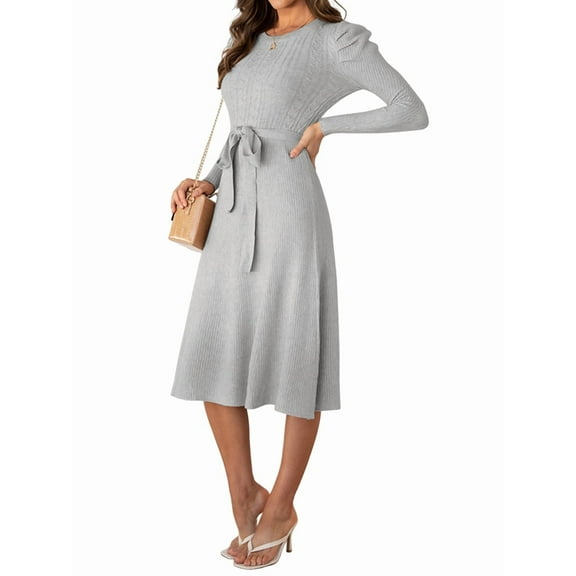 Women'S Long Sleeve Crewneck Tie Waist A-Line Swing Casual Bodycon Ribbed Knit Fall Sweater Dress Gray M