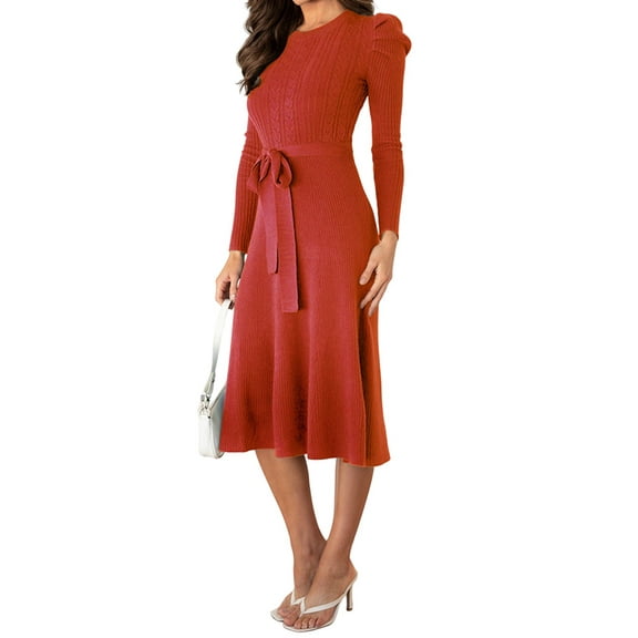 Women'S Long Sleeve Crewneck Tie Waist A-Line Swing Casual Bodycon Ribbed Knit Fall Sweater Dress Red L