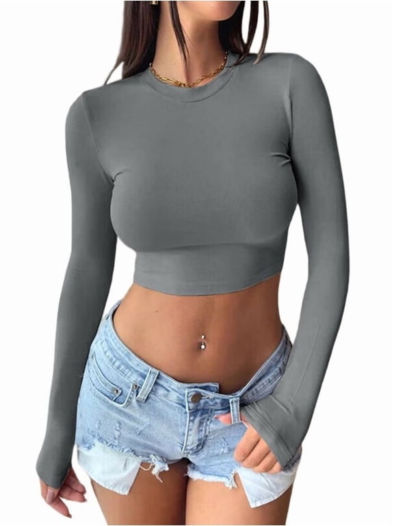 Women'S Long Sleeve Crop Tops 2025 - Basic Crew Neck Slim Fitted Fall Cropped Shirts Dark Gray S