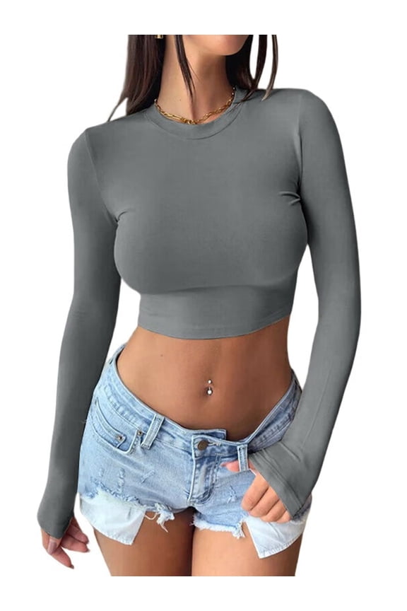Women'S Long Sleeve Crop Tops 2025 - Basic Crew Neck Slim Fitted Fall Cropped Shirts Dark Gray S