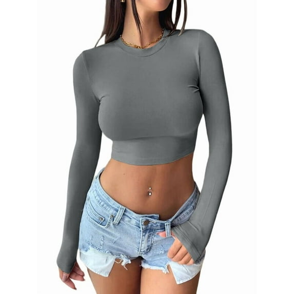Women'S Long Sleeve Crop Tops 2025 - Basic Crew Neck Slim Fitted Fall Cropped Shirts Dark Gray XXL