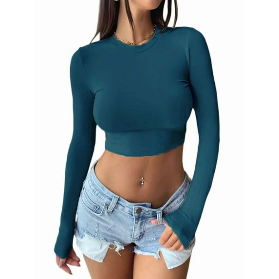 Women'S Long Sleeve Crop Tops 2025 - Basic Crew Neck Slim Fitted Fall Cropped Shirts Navy Blue XL