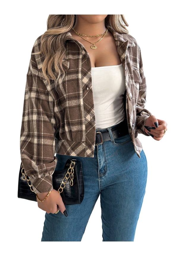 Women'S Long Sleeve Cropped Flannel Plaid Shacket Button Down Plaid Crop Short Jacket Coat Brown L