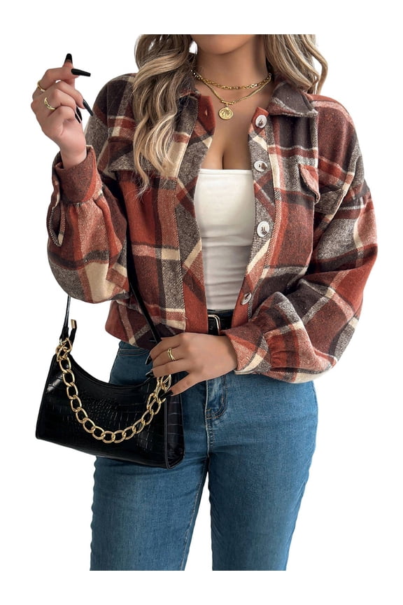 Women'S Long Sleeve Cropped Flannel Plaid Shacket Button Down Plaid Crop Short Jacket Coat Orange M
