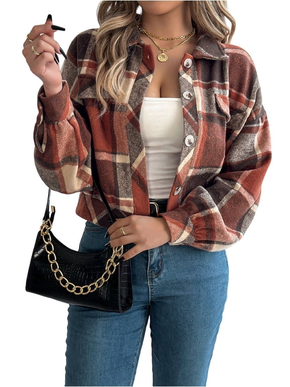 Women'S Long Sleeve Cropped Flannel Plaid Shacket Button Down Plaid Crop Short Jacket Coat Orange S