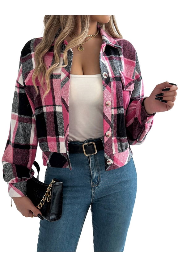 Women'S Long Sleeve Cropped Flannel Plaid Shacket Button Down Plaid Crop Short Jacket Coat Rose Red M