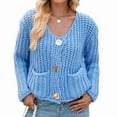 thumbnail image 1 of Women'S Long Sleeve Cropped Knit Cardigan 2025 Casual Button Down Crochet Sweater Tops with Pockets Dark Blue S, 1 of 9