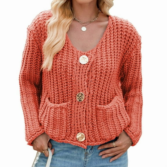 Women'S Long Sleeve Cropped Knit Cardigan 2025 Casual Button Down Crochet Sweater Tops with Pockets Deep Orange XL
