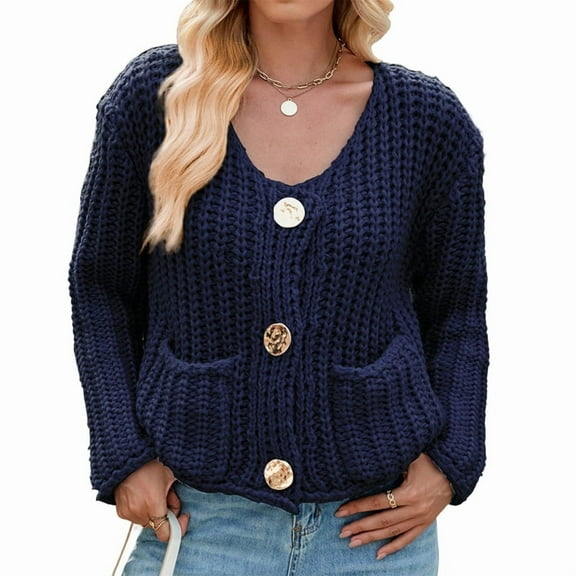 Women'S Long Sleeve Cropped Knit Cardigan 2025 Casual Button Down Crochet Sweater Tops with Pockets Tibet L