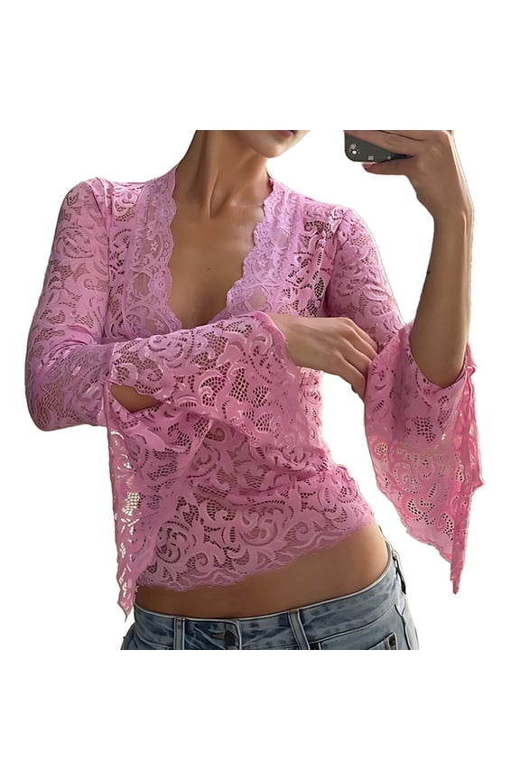 Women'S Long Sleeve Deep V Lace Slim Fitted Crop Top Pink L