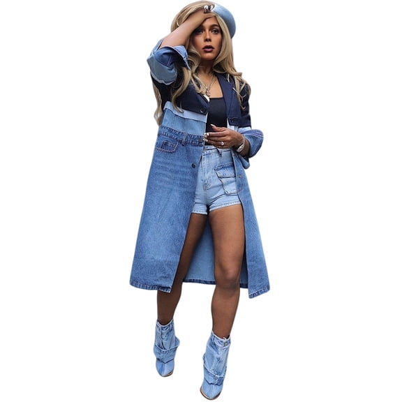 Women'S Long Sleeve Denim Trench Coat with Lapel Notched and Jean Patchwork Design Blue S