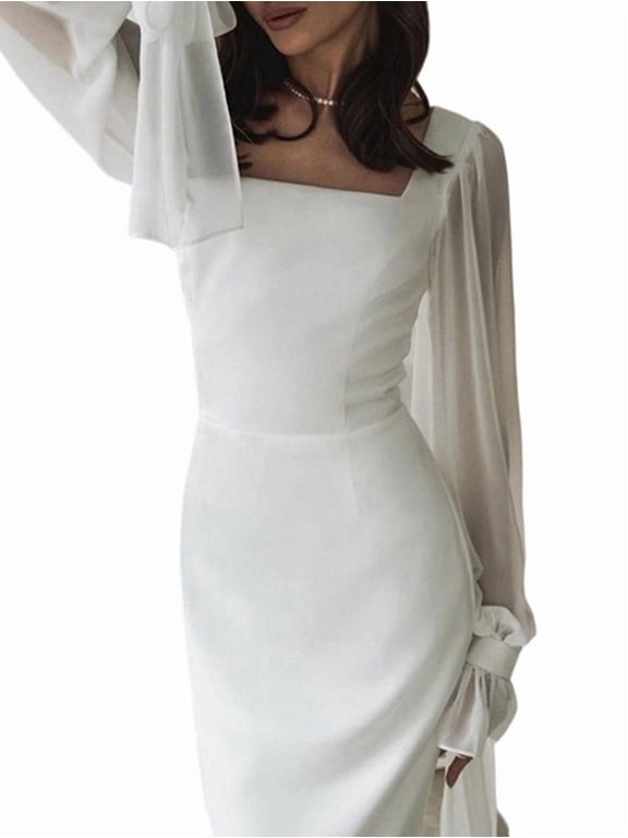 Women'S Long Sleeve Dress Ruched Bodycon Mesh Midi Dresses White M