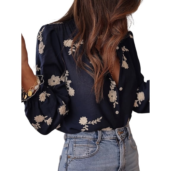 Women'S Long Sleeve Embroidered Chiffon Blouse Stylish Floral Pattern Casual Elegant Top Blue XL