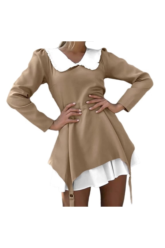 Women'S Long Sleeve Fall Dresses Casual Doll Collar A Line Fit and Flare Goth Dress Khaki S