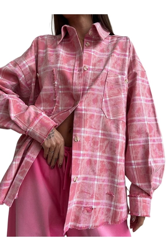 Women'S Long Sleeve Flannel Shirt, Casual Plaid Button Down Pink S