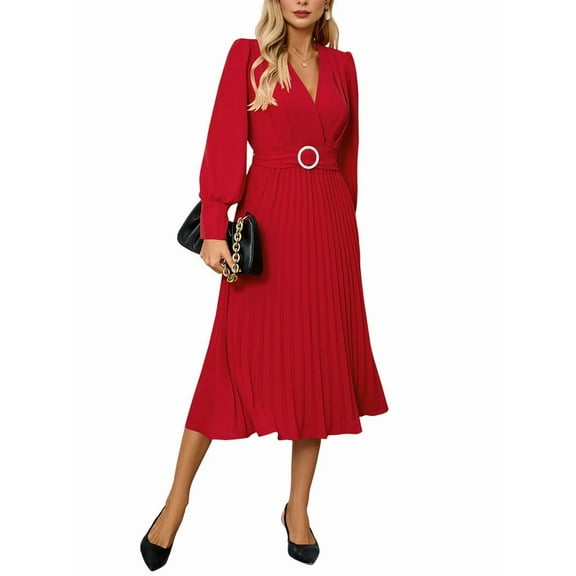 Women'S Long Sleeve Flared A Line Dress Wedding Guest Casual Semi Formal Office Lady Dresses with Belt Red M