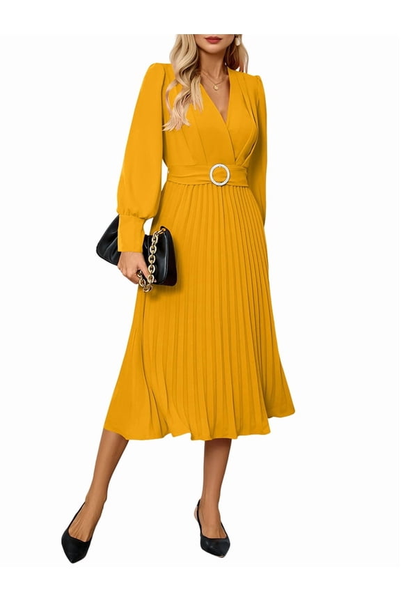 Women'S Long Sleeve Flared A Line Dress Wedding Guest Casual Semi Formal Office Lady Dresses with Belt Yellow L