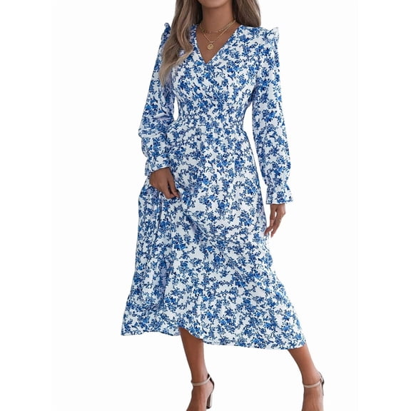 Women'S Long Sleeve Floral Print V-Neck Ruffle Hem Maxi Dress Shirred Waist Blue L