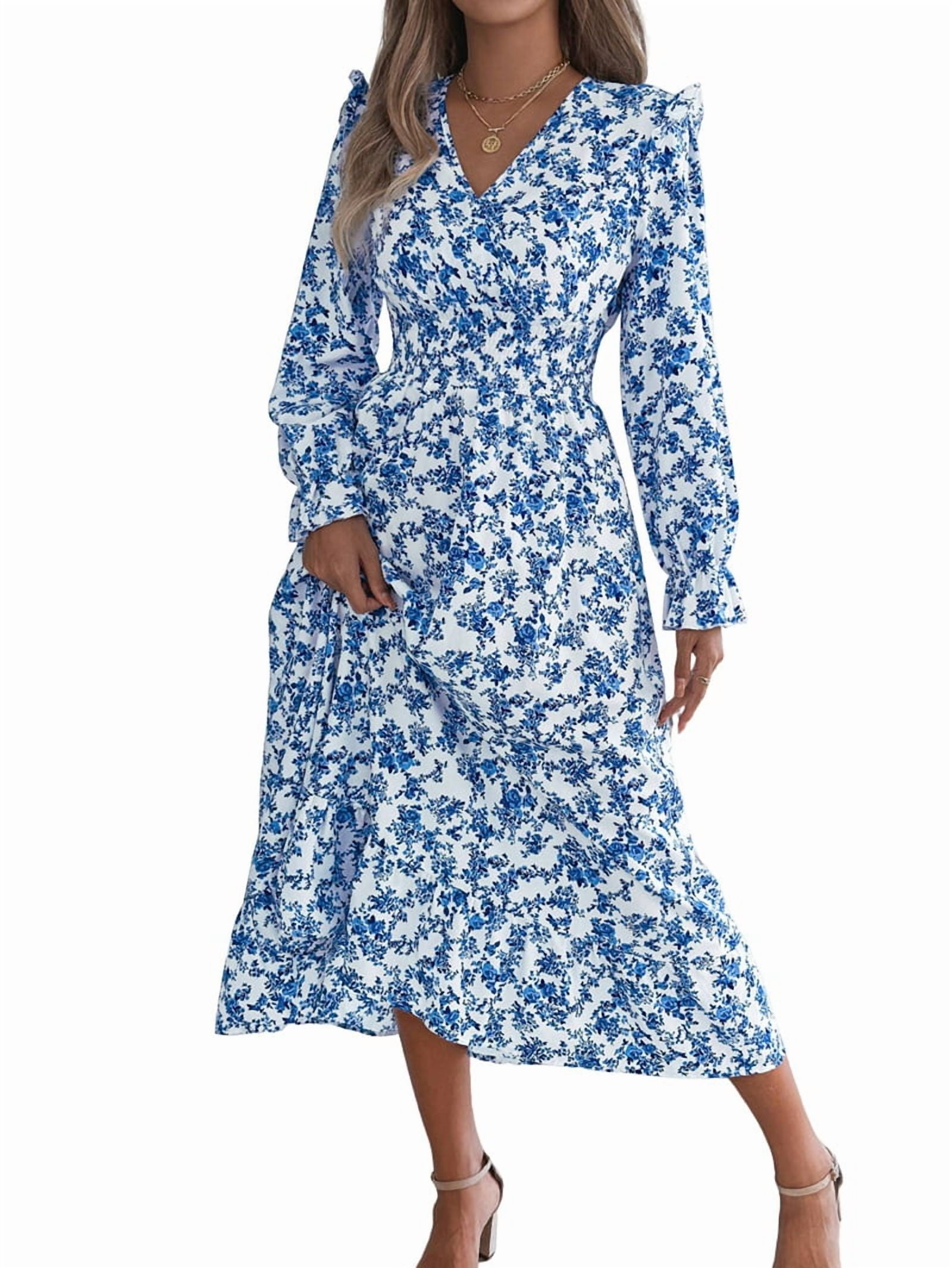 Women'S Long Sleeve Floral Print V-Neck Ruffle Hem Maxi Dress Shirred Waist Blue S