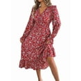 thumbnail image 1 of Women'S Long Sleeve Floral Print V-Neck Ruffle Hem Maxi Dress Shirred Waist Red L, 1 of 9
