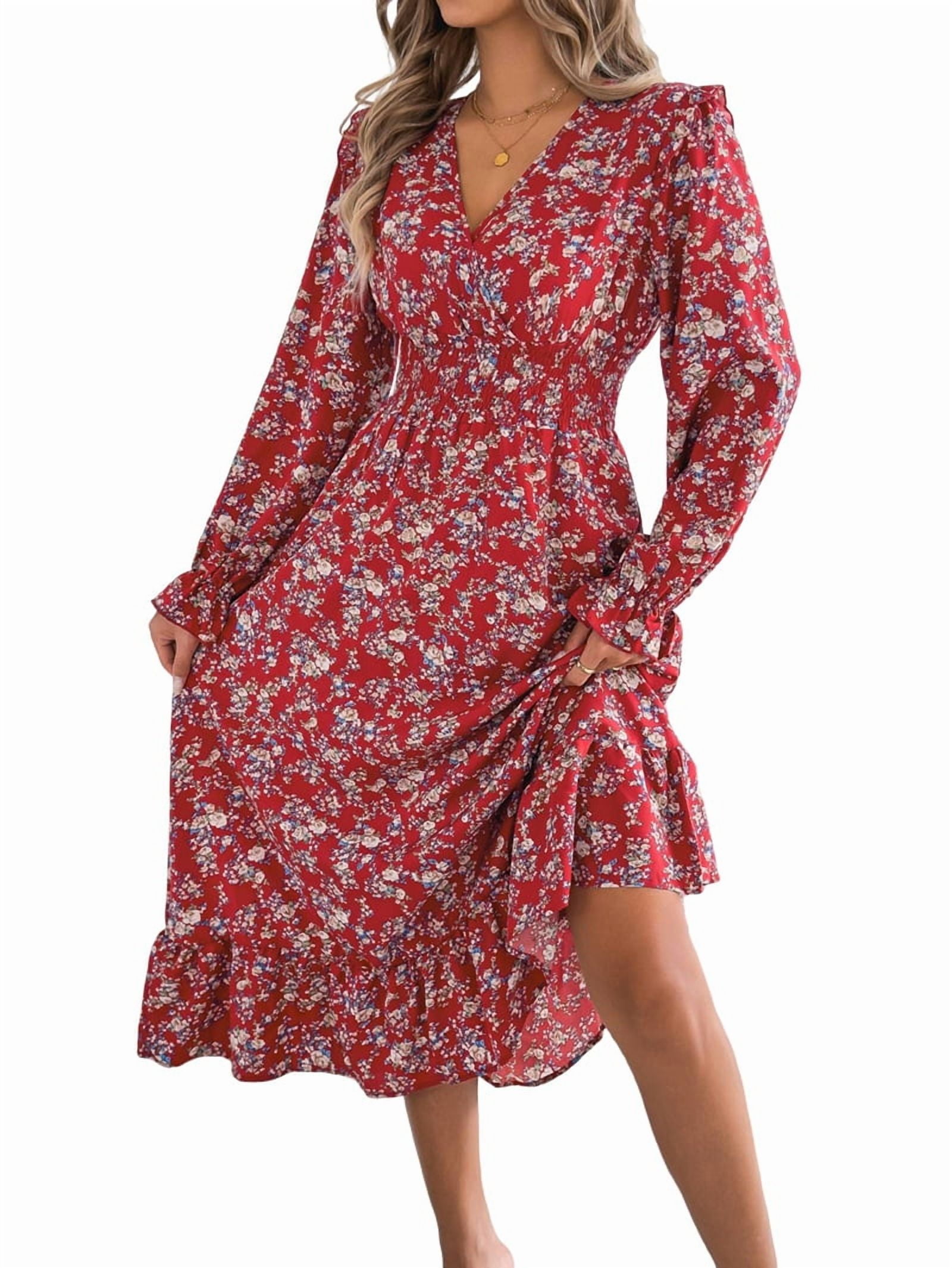 Women'S Long Sleeve Floral Print V-Neck Ruffle Hem Maxi Dress Shirred Waist Red M