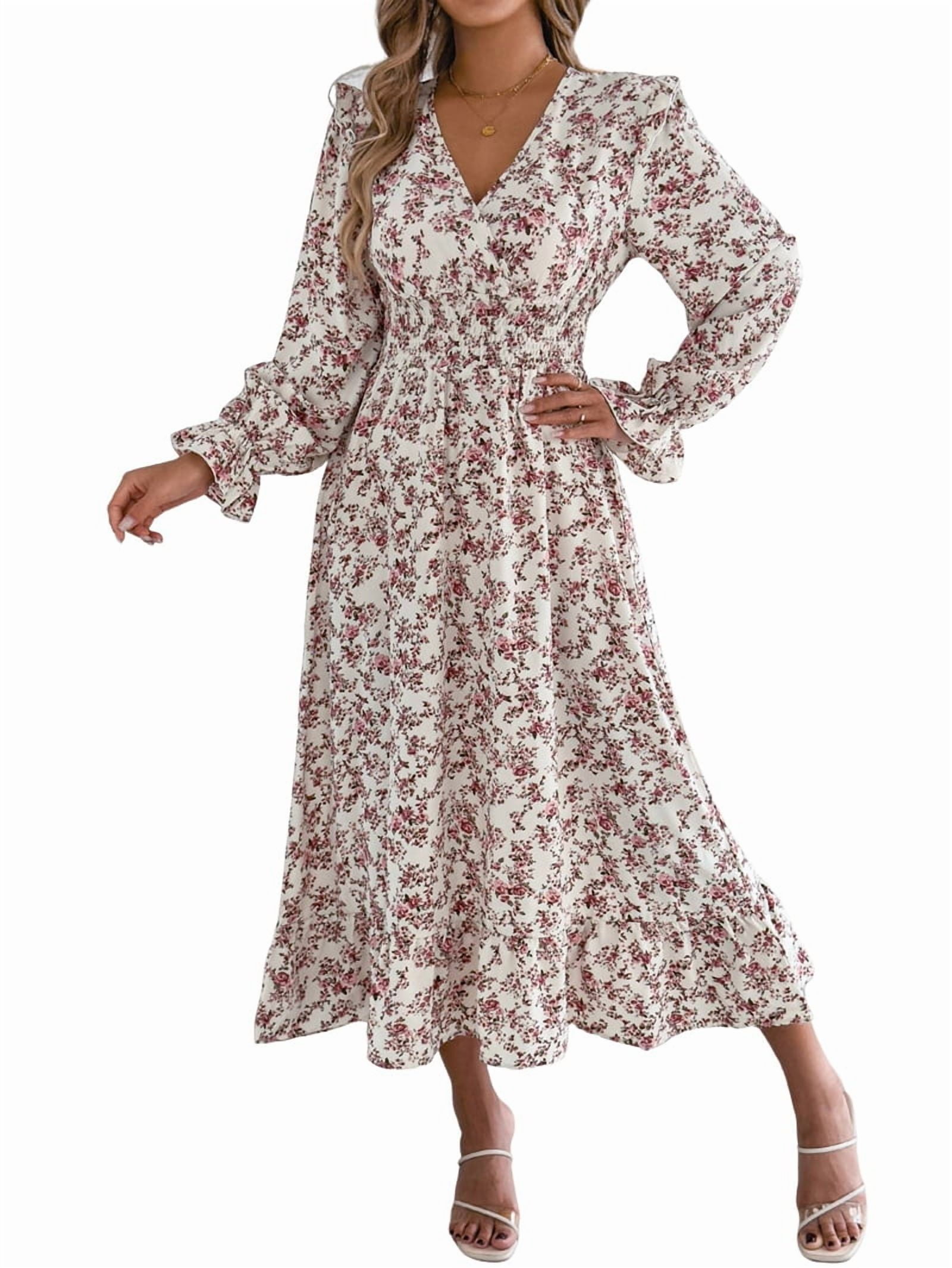Women'S Long Sleeve Floral Print V-Neck Ruffle Hem Maxi Dress Shirred Waist White L