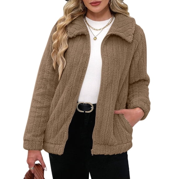 Women'S Long Sleeve Full Zip Soft Warm Fleece Jacket Khaki L
