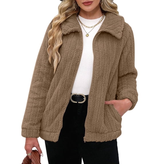 Women'S Long Sleeve Full Zip Soft Warm Fleece Jacket Khaki S