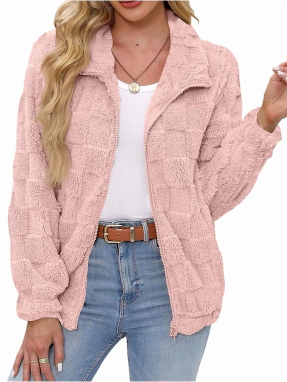 Women'S Long Sleeve Full Zip Soft Warm Fleece Jacket Light Pink L